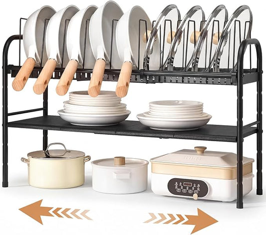 HULISEN Pots and Pans Organizer Under Cabinet, Expandable 2-Tier Pots and Pans Lid Storage Rack Holder with 10 Dividers, Adjustable Height Under Sink Organizer, Maximize Kitchen Storage Space by HULISEN
