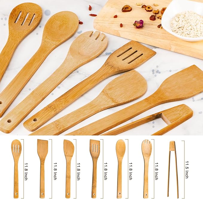 Eisinly Wooden Spoons for Cooking 7-Piece, Kitchen Nonstick Bamboo Cooking Utensils Set, Carbonized Bamboo Durability Spatula Spoon for Everyday Use - Image 2