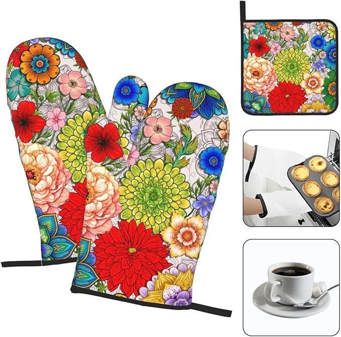 Boho Floral Oven Mitts and Pot Holders Set of 3,Cute Colorful Flowers Heat Resistant Non Slip Kitchen Oven Mitts and Hot Pads for Cooking, Kitchen Gifts for Baking Lovers, Housewarming Gifts for Women