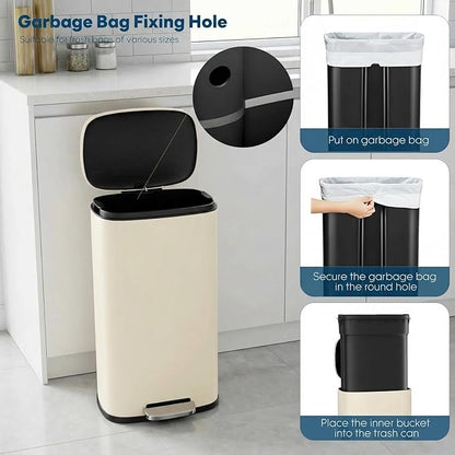 8 Gal Kitchen Trash Can, 30L Recycling or Garbage Bin, Brushed Stainless Steel Waste Basket, Soft&Quiet Close Dustbin, with Step-On Pedal, Removable Inner Bucket, for Home, Office, Living Room
