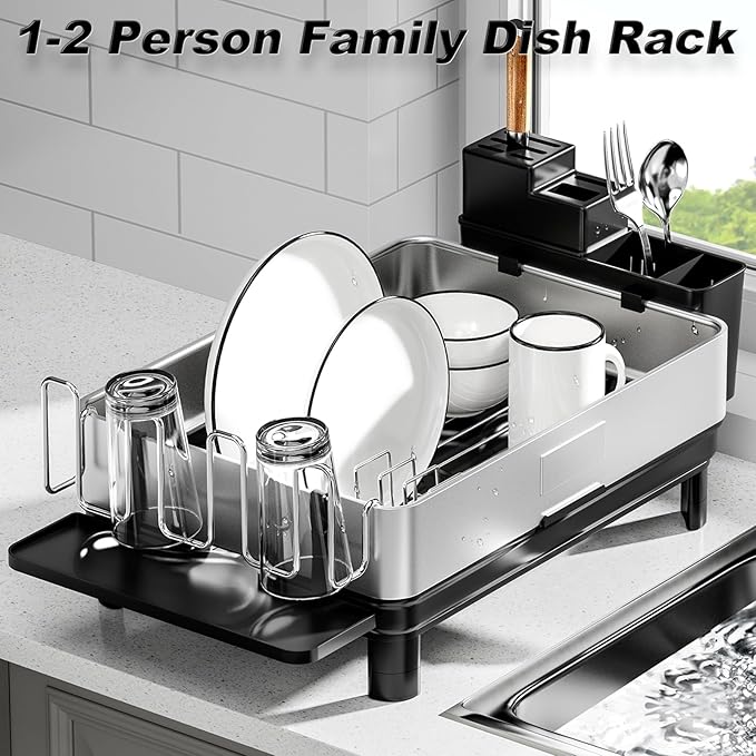Ewaiira Dish Drying Rack, 304 Stainless Steel Dish Racks for Kitchen Counter, Dish Drainers with Automatic Drainage, Utensil Holder & Cups Holder, Space Saving Kitchen Organizer, Black 16.5''x12.6'' - Image 2