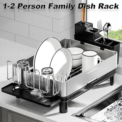 Ewaiira Dish Drying Rack, 304 Stainless Steel Dish Racks for Kitchen Counter, Dish Drainers with Automatic Drainage, Utensil Holder & Cups Holder, Space Saving Kitchen Organizer, Black 16.5''x12.6'' - Image 2