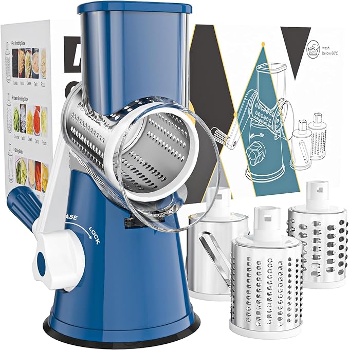 Cambom Rotary Cheese Grater Hand Crank Cheese Shredder for Fresh Cheese, Vegetable, Nuts,Non-slip Suction Base, Free Cleaning Brush Three Blades,Deep Blue by Cambom