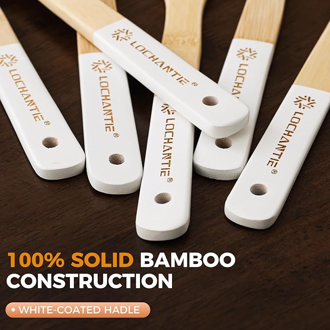 Wooden Spoons for Cooking Bamboo Utensils Set (6 Pieces) - Essential Tools Wooden Spatula & Spoons for Everyday Stirring, Mixing, Flipping & Serving, Gentle on Nonstick Cookware, White - Image 4