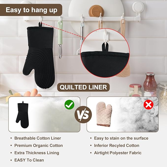 Silicone Oven Mitts-13.6 in Extended Oven Mitts Heat Resistant 500F, Oven Gloves with Soft Liner Good Grippy BPA-Free Easy to Clean Flexible-Oven Mits Set for Cooking Baking Grilling BBQ - Image 6