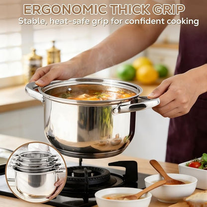 Stainless Steel Cookware Set - 15 Pieces Pots and Pans Nonstick Pot and Pan Set Includes 1 Frying Pans, 5 Pots, 6 Lids and 3 Utensils, with Stay Cooling Handle, Induction & Oven Safe - Image 6