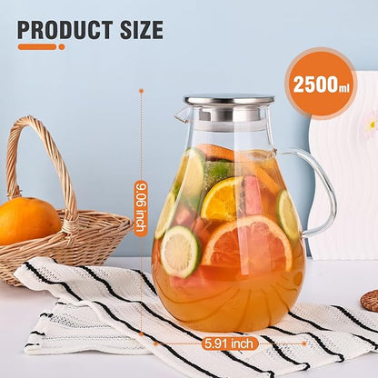 2500ml Glass Pitcher with Lid, 88 Ounces with Precise Scale Line, Hot/Cold Water Jug, Juice and Iced Tea Beverage Carafe with Lid - Image 2