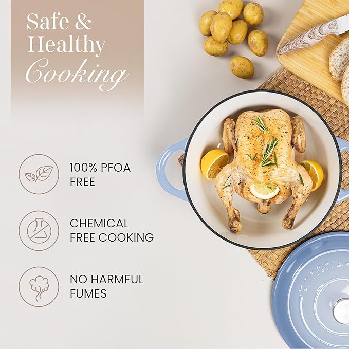 Nuovva Enamelled Cast Iron Dutch Oven Pot with Lid 6.4 Quart Non Stick Casserole Pot – Heavy Duty & Oven Safe up to 500° F for Bread Baking, Braising, Stews, Roasting – 28cm Costal Blue - Image 4