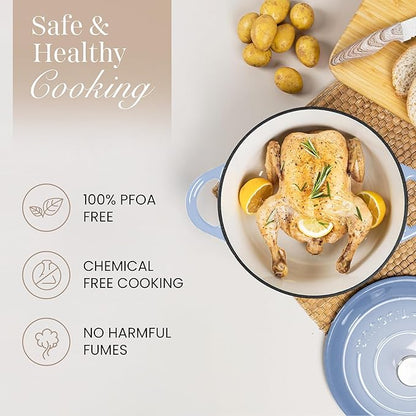 Nuovva Enamelled Cast Iron Dutch Oven Pot with Lid 6.4 Quart Non Stick Casserole Pot – Heavy Duty & Oven Safe up to 500° F for Bread Baking, Braising, Stews, Roasting – 28cm Costal Blue - Image 4