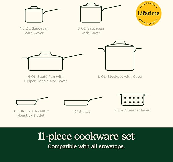 Cuisinart Cookware Set, 11 Piece Stainless Steel Cookware Pots and Pans, Home and Kitchen Durable Stainless Steel for Everyday Cooking, Matte Thyme, MT89G-11 - Image 9