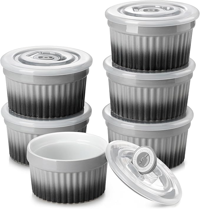 vancasso 8 oz Ramekins with Lid, Porcelain Creme Brulee Souffle Dishes, Grey Pudding Custard Cups Ramiken for Baking, Dishwasher and Oven Safe, Set of 6 by vancasso