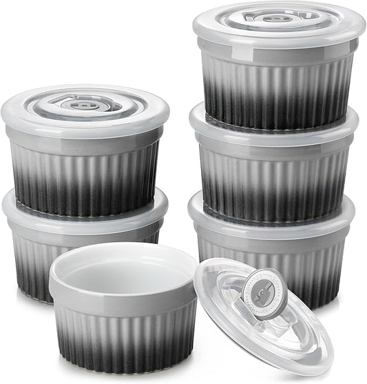 vancasso 8 oz Ramekins with Lid, Porcelain Creme Brulee Souffle Dishes, Grey Pudding Custard Cups Ramiken for Baking, Dishwasher and Oven Safe, Set of 6 by vancasso