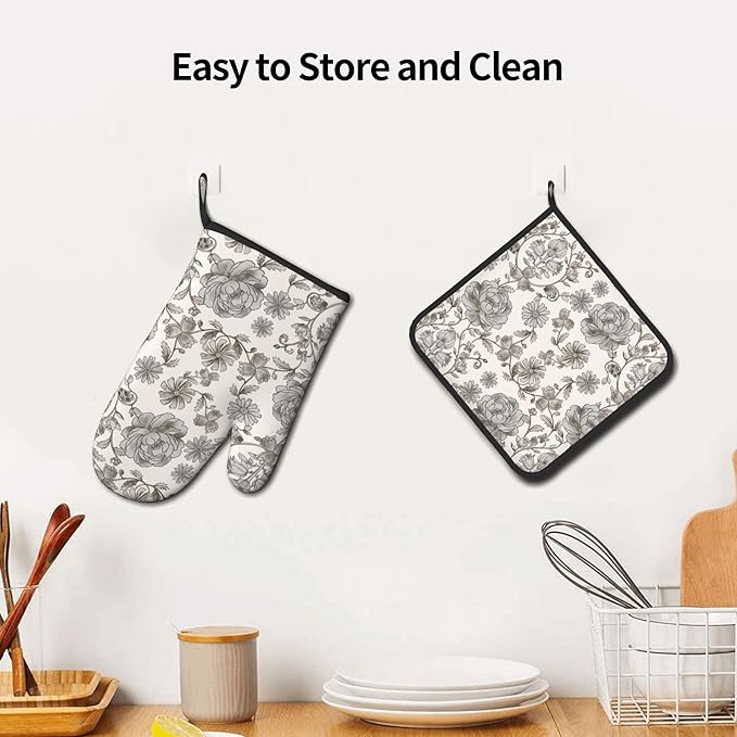 Vintage Flowers Oven Mitts and Pot Holders Sets Boho Kitchen Gloves White Grey Floral Hot Pads Cute Baker Stuff Chef Cooking Baking Gifts for Women - Image 6
