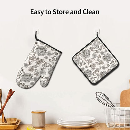 Vintage Flowers Oven Mitts and Pot Holders Sets Boho Kitchen Gloves White Grey Floral Hot Pads Cute Baker Stuff Chef Cooking Baking Gifts for Women - Image 6