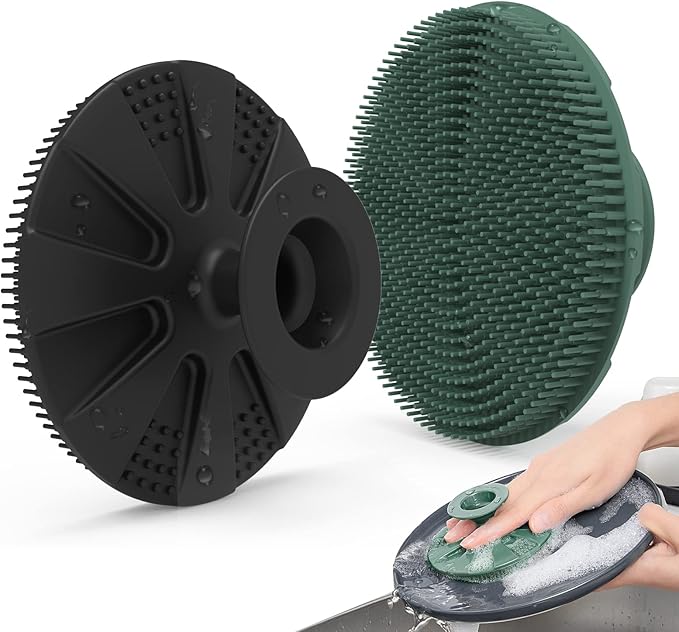 Silicone Sponge, BEAUTAIL Non-Scratch Scrub Sponges, for Washing Dishes and Cleaning Kitchen, Long Lasting and Reusable Dishwashing Scrubber, Suction Up Hang Designed, 2 Pack, Black+Olive Green by BEAUTAIL