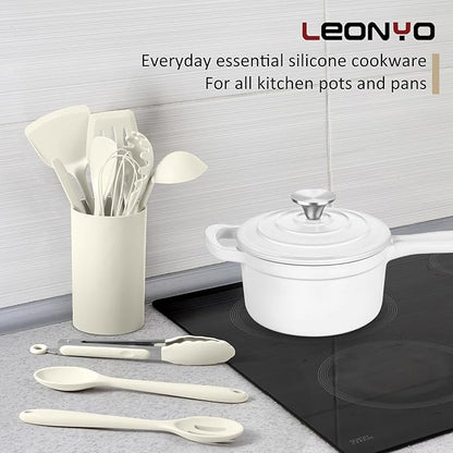 10 Pack Kitchen Utensils Set for Cooking, Leonyo Silicone Cooking Utensils Set, 446°F Heat Resistant Silicone Kitchen Tool with Turner Spatula, Serving Spoon, Whisk for Nonstick Cookware - White