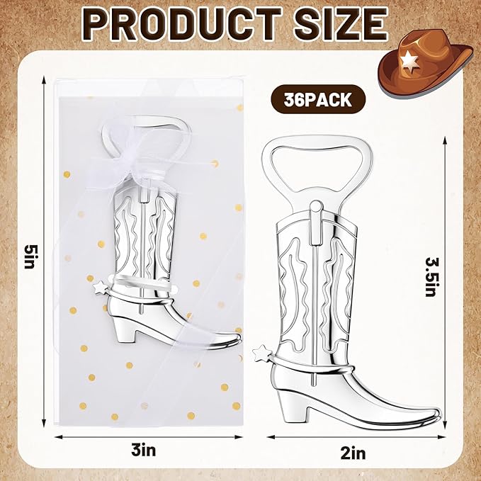 Hortsun 36 Sets Cowboy Boot Bottle Openers Baby Shower Bottle Opener Favors for Guest Party Bottles Opener Gifts Bulk for Baby Shower Wedding Birthday Party Favor Decoration Supplies(Silver)