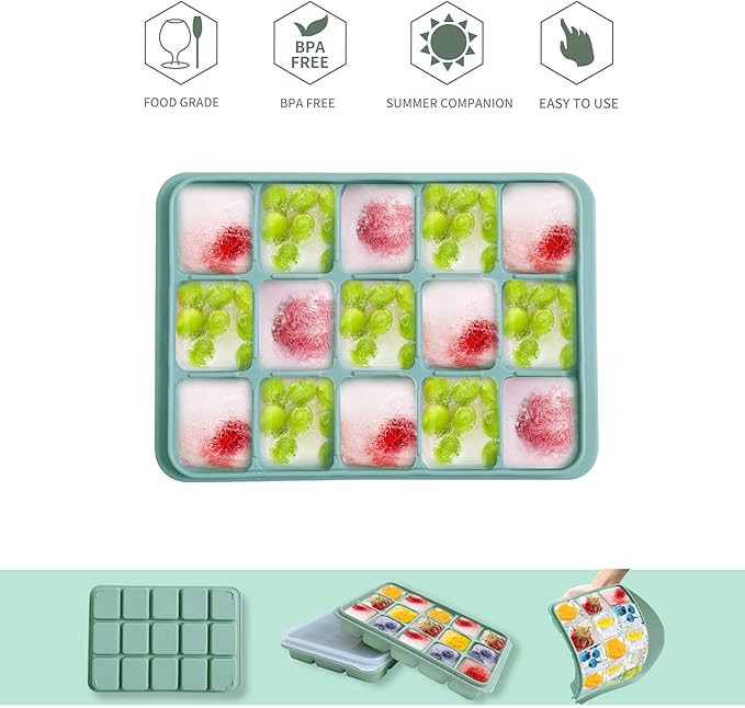 Ice Cube Trays Set of 2, Easy Release 15 Flexible Silicone Ice Cube Molds with Removable Lid Reusable Freezer Ice Trays Stackable for Whiskey, Baby Food, BPA Free (BAMBOO GREEN) - Image 3