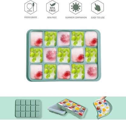 Ice Cube Trays Set of 2, Easy Release 15 Flexible Silicone Ice Cube Molds with Removable Lid Reusable Freezer Ice Trays Stackable for Whiskey, Baby Food, BPA Free (BAMBOO GREEN) - Image 3