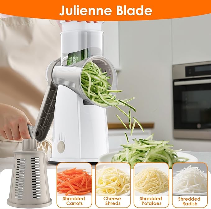 MealHelper 5 Blade Rotary Cheese Grater and Vegetable Chopper with Storage Box and Hand Crank, Compact Shredder for Cheeses, Veggies, Nuts - Easy to Use, Non-slip Suction Base,White - Image 2