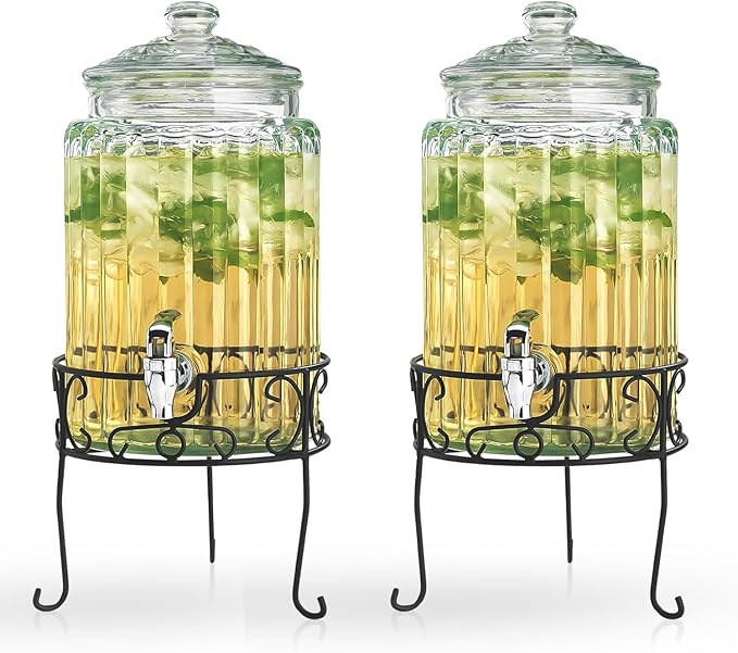 MosJos 2 PACK 1.5 Gallon Drink dispenser, Glass Beverage Dispenser With Elegant Stand Stand, Drink Dispensers for Parties With Spigot 100% Leakproof. Perfect For Parties And Daily Use by MosJos