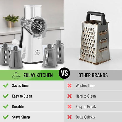 Zulay Kitchen Rotary Cheese Grater 5 Blade Cheese Shredder - Manual Hand Crank Cheese Grater With Reinforced Suction & 5 Interchangeable Drums - Easy to Use, Vegetable Chopper Round Mandoline Slicer - Image 2
