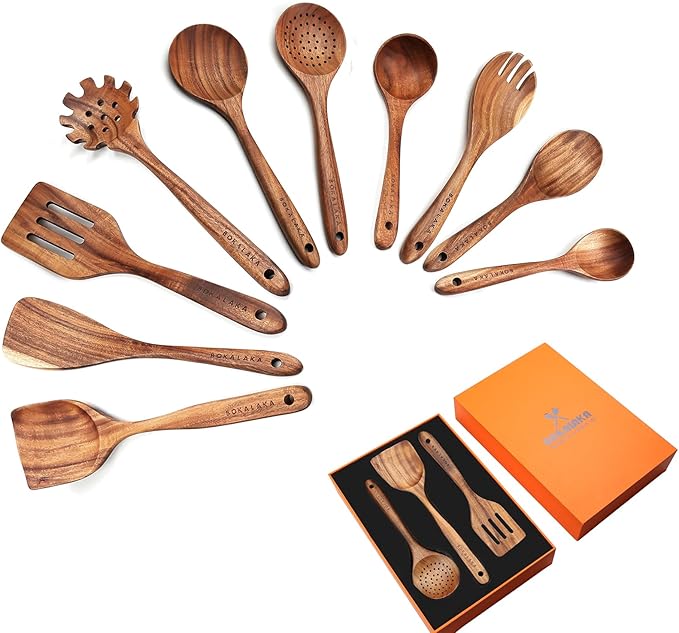 Wooden Spoons for Cooking,10 Pack Wooden Utensils for Cooking Wooden Cooking Utensils Wooden Kitchen Utensils Set Natural Teak Wooden Spatulas for Cooking by BOKALAKA