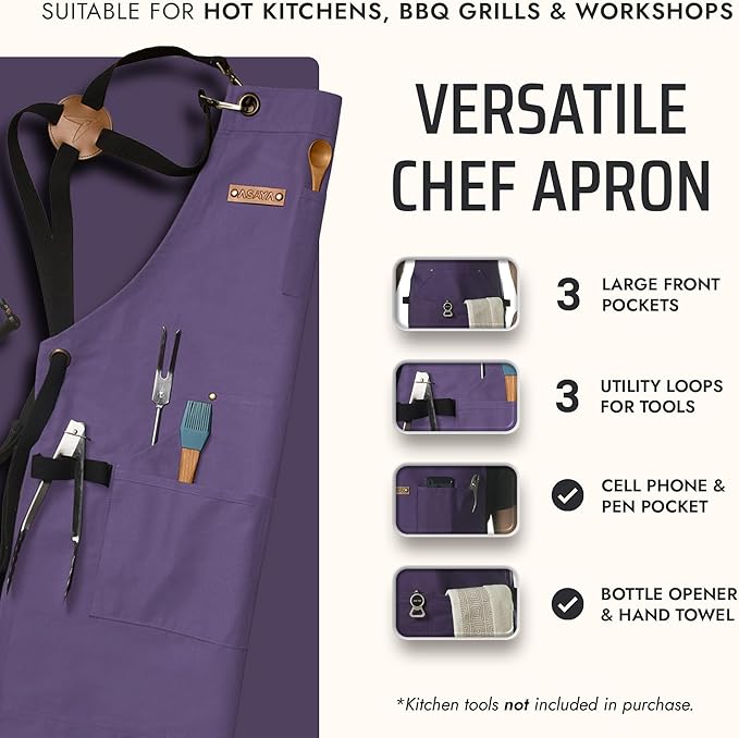 Asaya Chef and BBQ Apron with Bottle Opener and Hand Towel - 10oz Cotton Canvas, Stainless Steel Hardware - Cross Back Straps - Image 2
