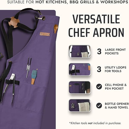 Asaya Chef and BBQ Apron with Bottle Opener and Hand Towel - 10oz Cotton Canvas, Stainless Steel Hardware - Cross Back Straps - Image 2