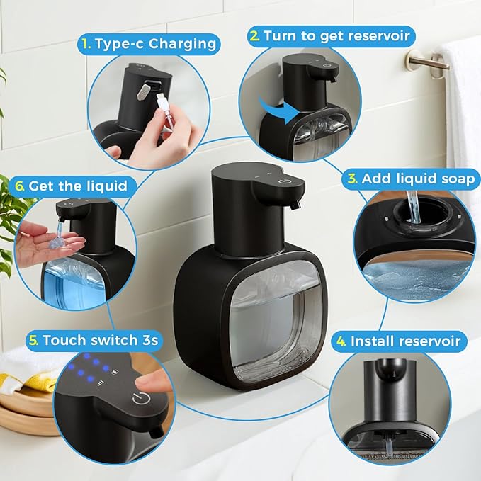Automatic Liquid Soap Dispenser, 17oz/500ml Touchless Rechargeable with 4-Level Adjustable & IPX5 Waterproof - Level Display for Wall/Tabletop Use in Bathroom, Kitchen, Black - Image 8