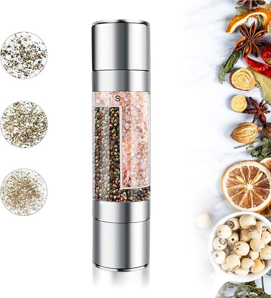 Mixoo Salt and Pepper Grinder - 2 in 1 Manual Stainless Steel Salt Pepper Mill Herb Spice Grinder Shakers Refillable with Adjustable Coarseness Ceramic Rotor and Dual Clear Acrylic Chamber by Mixoo