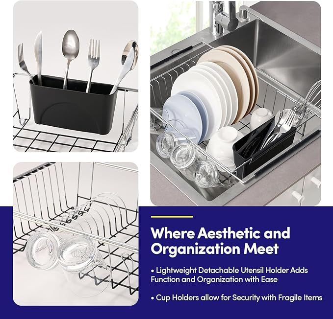 Dish Drying Rack Over The Sink Expandable to 24.5" Dish Drainer — Space-Saving Rectangular Kitchen Extending Drying Station with Utensil Holder, Fits Most Sinks for Easy Dish Organization, Black - Image 3