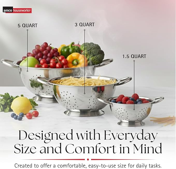 Amco 3-Piece Stainless Steel Colander Set - Multiple Sizes - 1.5, 3, 5 Quart - Durable, Professional Grade Design with Handles for Easy Transfer - Ideal Kitchen Strainer for Cooking & Washing