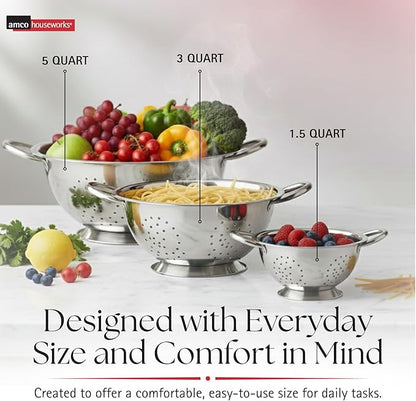 Amco 3-Piece Stainless Steel Colander Set - Multiple Sizes - 1.5, 3, 5 Quart - Durable, Professional Grade Design with Handles for Easy Transfer - Ideal Kitchen Strainer for Cooking & Washing