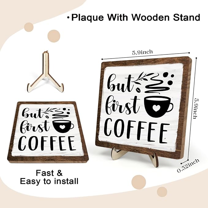 Vintage Coffee Bar Wooden Plaque Desk Sign, Farmhouse Wood Plaque Tabletop Decor for Cafe Bar Kitchen Office,Coffee Station Accessories 5.9x5.9Inch (White&Brown4, 5.9x5.9inches) - Image 2