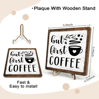 Vintage Coffee Bar Wooden Plaque Desk Sign, Farmhouse Wood Plaque Tabletop Decor for Cafe Bar Kitchen Office,Coffee Station Accessories 5.9x5.9Inch (White&Brown4, 5.9x5.9inches) - Image 2