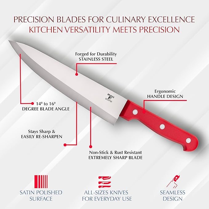 Moss & Stone 14 Pcs Knife Block Set Stainless Steel, Premium Forged Kitchen Knives Set with High-Carbon Blades, Ergonomic Handle, Sharp Blade, Rust Resistant, Modern Style for Home & Chef, Red - Image 2