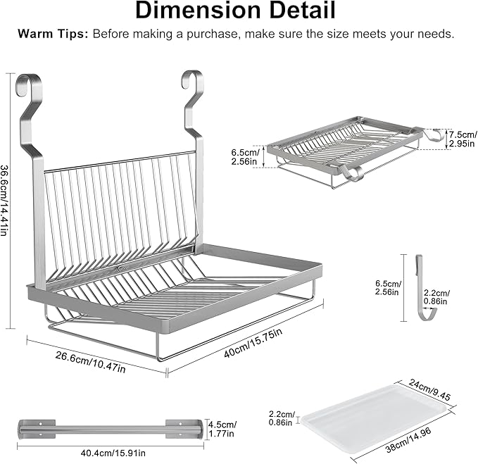 TQVAI Over Sink Dish Drainer Drying Rack, Stainless Steel Foldable Wall Mounted Dish Racks with Drainboard Hanging Rod and Sponge Holder, Silver - Image 3
