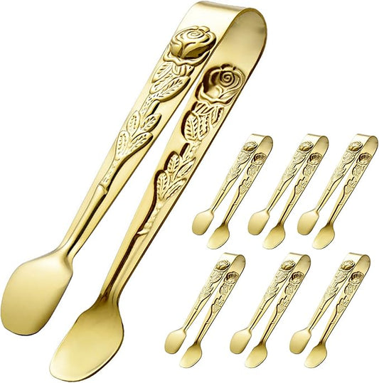 HINMAY 6PCS Mini Serving Tongs 4 Inches Small Rose Sugar Cube Tongs (Gold)