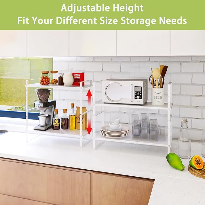 Across-Star Expandable Cabinet Shelf Organizer Rack, Stackable Kitchen Counter Storage Shelves Stand, Adjustable Height Pantry Shelf Spice Rack (White, 1 Pack) - Image 2