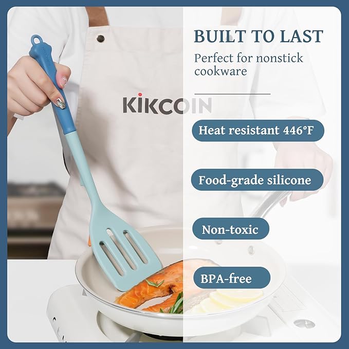 Kikcoin 43Pcs Large Kitchen Utensils Set - Silicone Cooking Utensils Set, Dishwasher Safe Spatula Set for Non-stick Cookware, 446°F Heat Resistant Kitchen Utensils Set with Holder BPA Free, Blue - Image 3