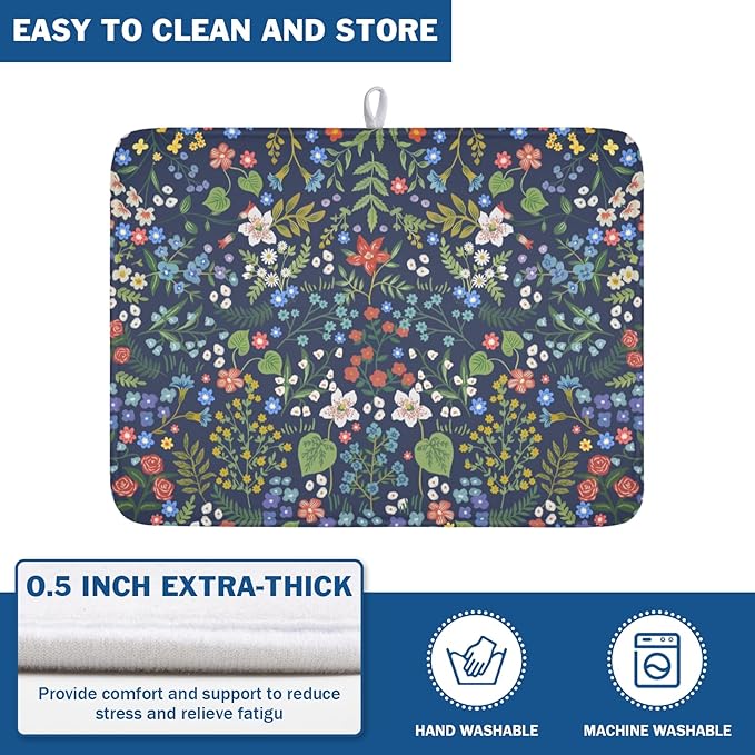 Flower Floral Dish Drying Mat 18x24 inch Microfiber Navy Blue Drying Mats with Hanging Loop Absorbent Green Leaves Dish Drainer Mat Reversible Flowers Drying Pad for Kitchen Counter Sink - Image 8