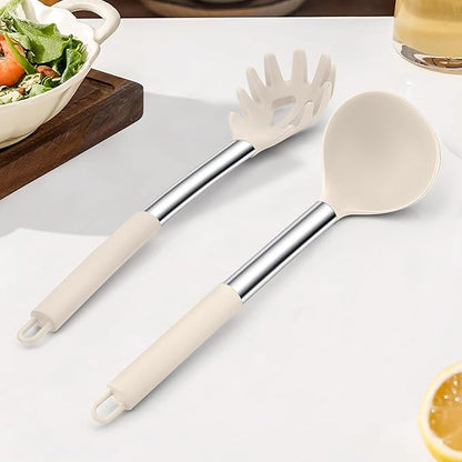 TeamFar Silicone Soup Ladle and Pasta Fork Set, 2 Pcs Large Nonstick Kitchen Cooking Utensils with Stainless Steel Handle for Draining, Serving Soup, Sauce, Spaghetti, Non-Toxic & Heat-Proof, Khaki - Image 7