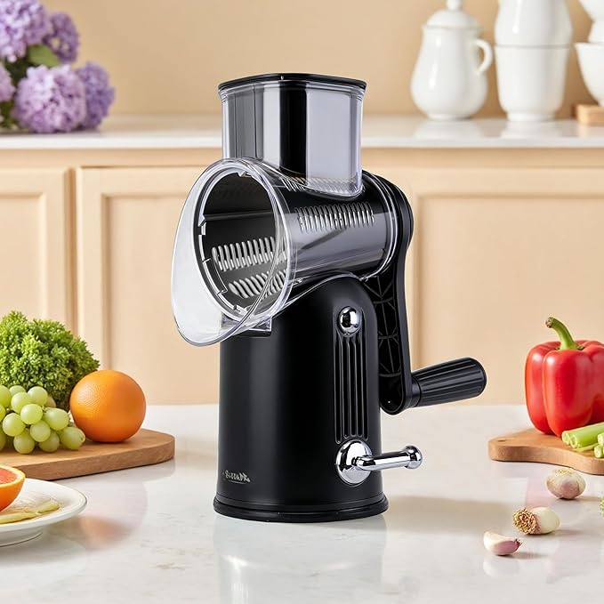 5-in-1 Rotary Cheese Grater Vegetable Slicer with Handle - Upgraded Hand Crank Cheese Grater with Handle and Strong Suction Base, Multi-Purpose Slicer with 5 Blades (Black) - Image 2