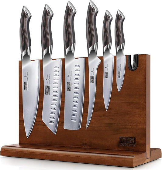 HOSHANHO 7 Pieces Kitchen Knife Set, Japanese High Carbon Stainless Steel Magnetic Knife Block Set, Ultra Sharp Chef Knives Sets with Ergonomic Pakkawood Handle by HOSHANHO
