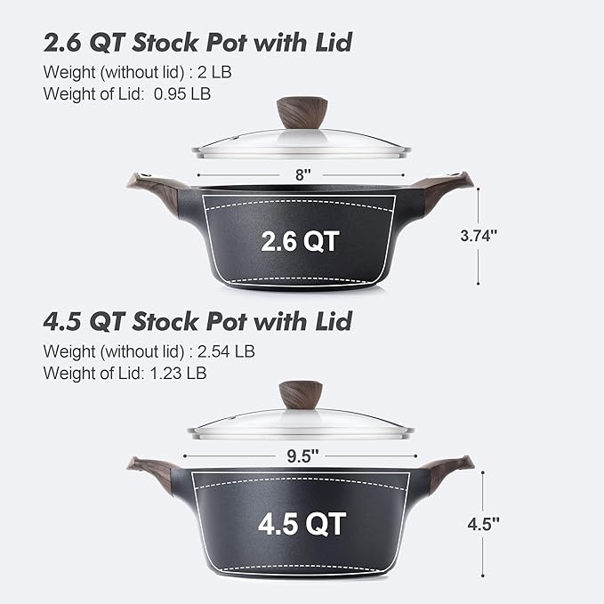 SENSARTE Nonstick Stock Pot with Lid, 2.6+4.5 QT Soup Pot Set Casserole Pot, Healthy Pasta Pot, Large Deep Cooking Pot, Big Sauce Pot Stew Pot, Induction Compatible, PFOA PFOS APEO Free, Black - Image 2