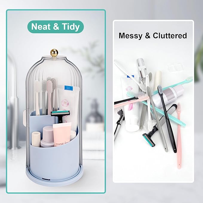 QIYVLOS Toothbrush Holders with Sliding Lid, Rotating 3 Slots Bathroom Organizer Countertop, Tooth Brush Toothpaste Holder Bathroom Counter Stand Sink Organizer Caddy for Makeup Brushes Holder (Blue) - Image 4