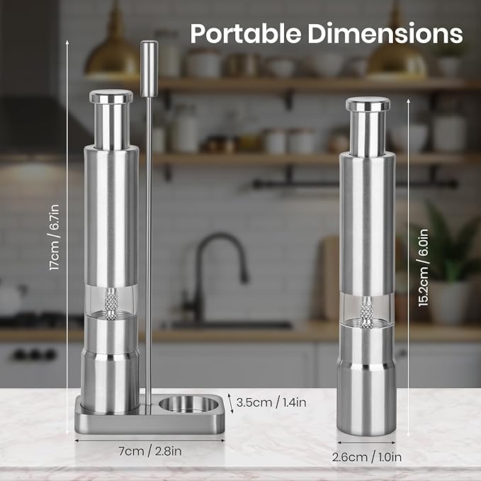 Salt and Pepper Grinder Set,Small Stainless Steel Manual Salt Grinder,Thumb Refillable Mini Salt Grinders Shakers With Base For Kitchen, Home, Travel, Camping, Cooking(Silvery)
