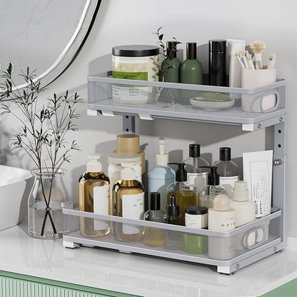 Under Sink Organizer 2 Pack, High Adjustable 2 Tier Under Sink Organizers and Storage, Slide out Metal Cabinet Organizers, Pull out Storage Drawer Shelf for Kitchen Bathroom Cabinet