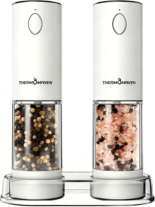 ThermoMaven Electric Salt and Pepper Grinder Set, 110ml Larger Rechargeable Automatic Salt and Pepper Mill Grinder with 6 Adjustable Coarseness, Electric Salt and Pepper Shakers, LED, Snow White by ThermoMaven